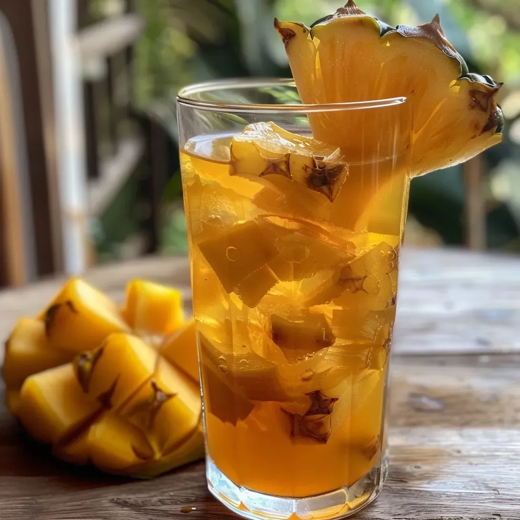 Primer plano de un vaso de té con hojas de piña.