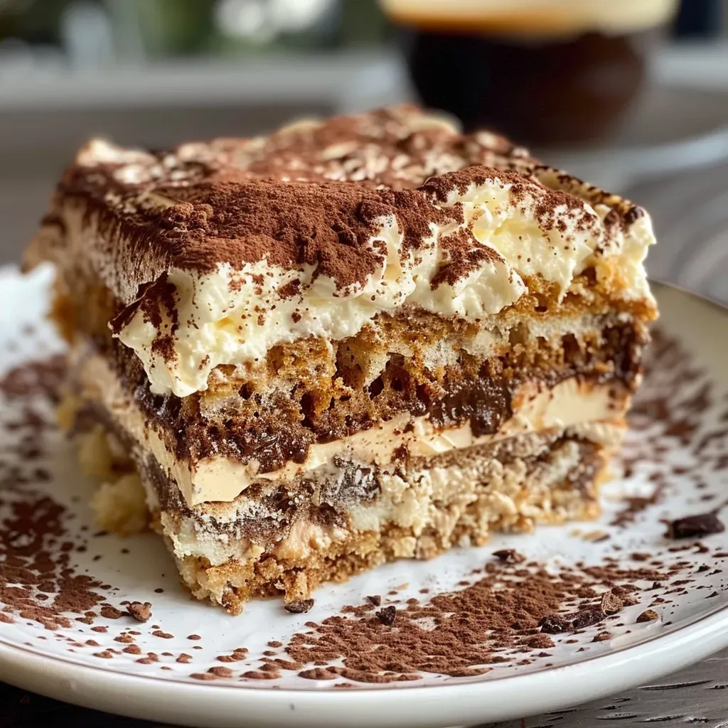 Vista lateral de un tiramisú decorado con cacao y crema de avellanas.