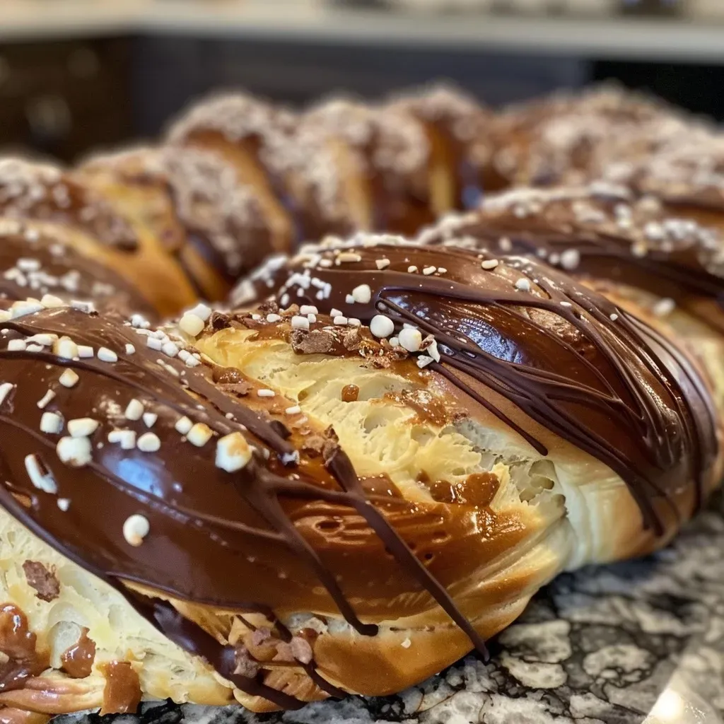 Detalle de una trenza de chocolate recién horneada.