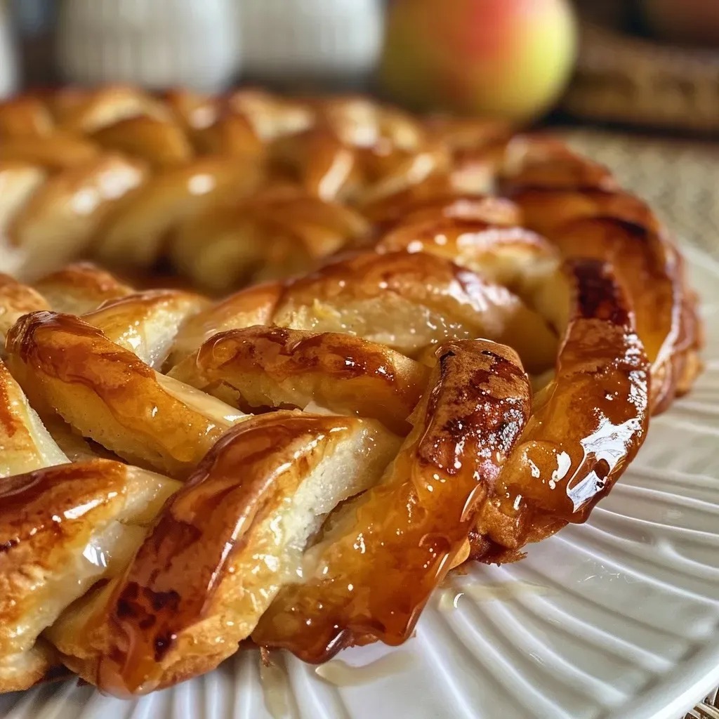 Detalle de una trenza de manzana y canela recién horneada.