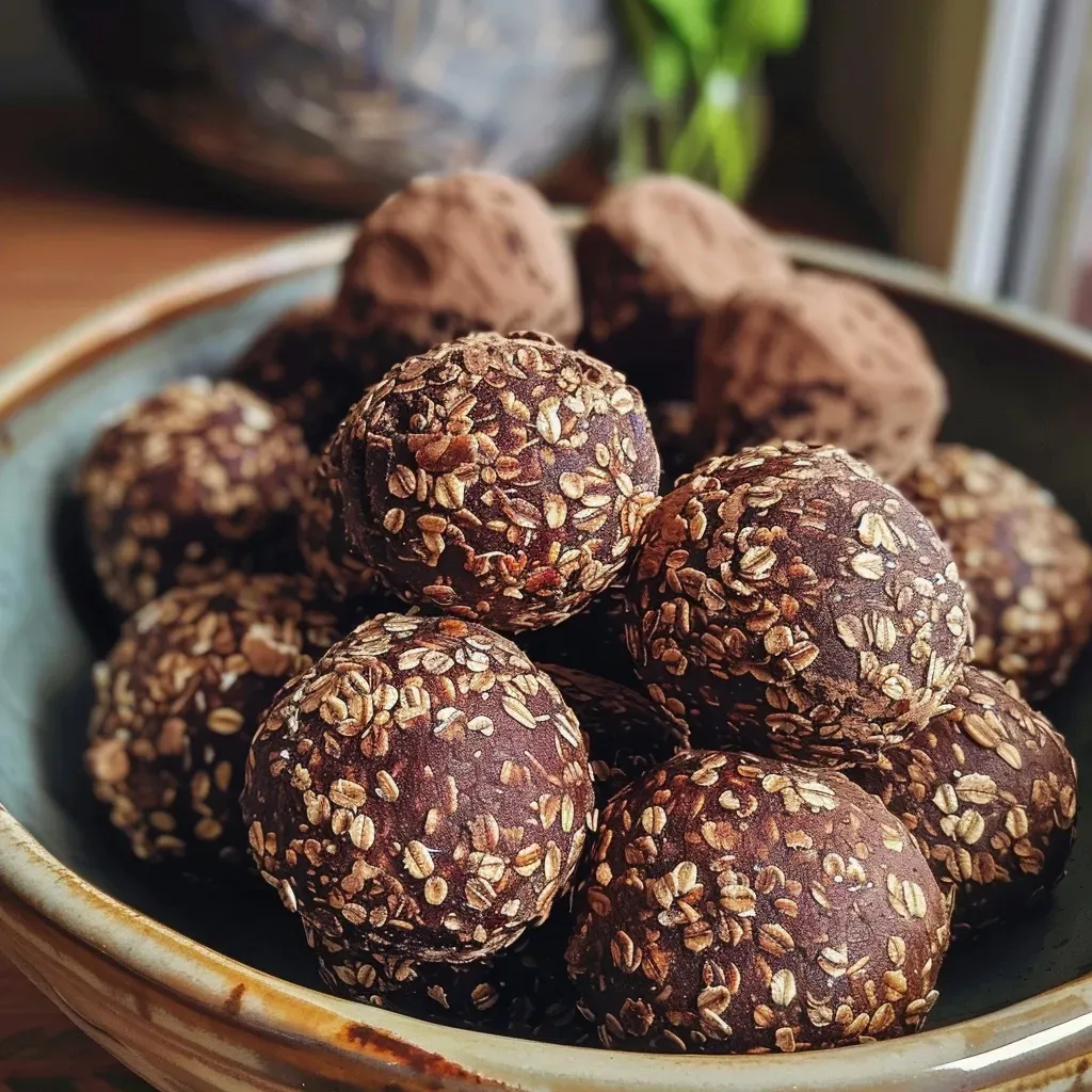 Vista lateral de trufas de avena y cacao con granos de café.