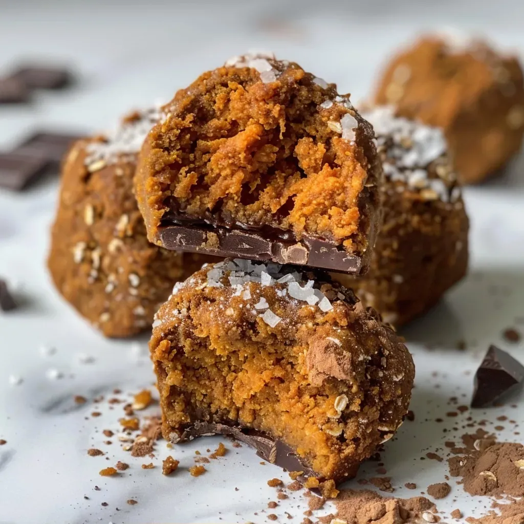 Primer plano de trufas de calabaza con chocolate oscuro.