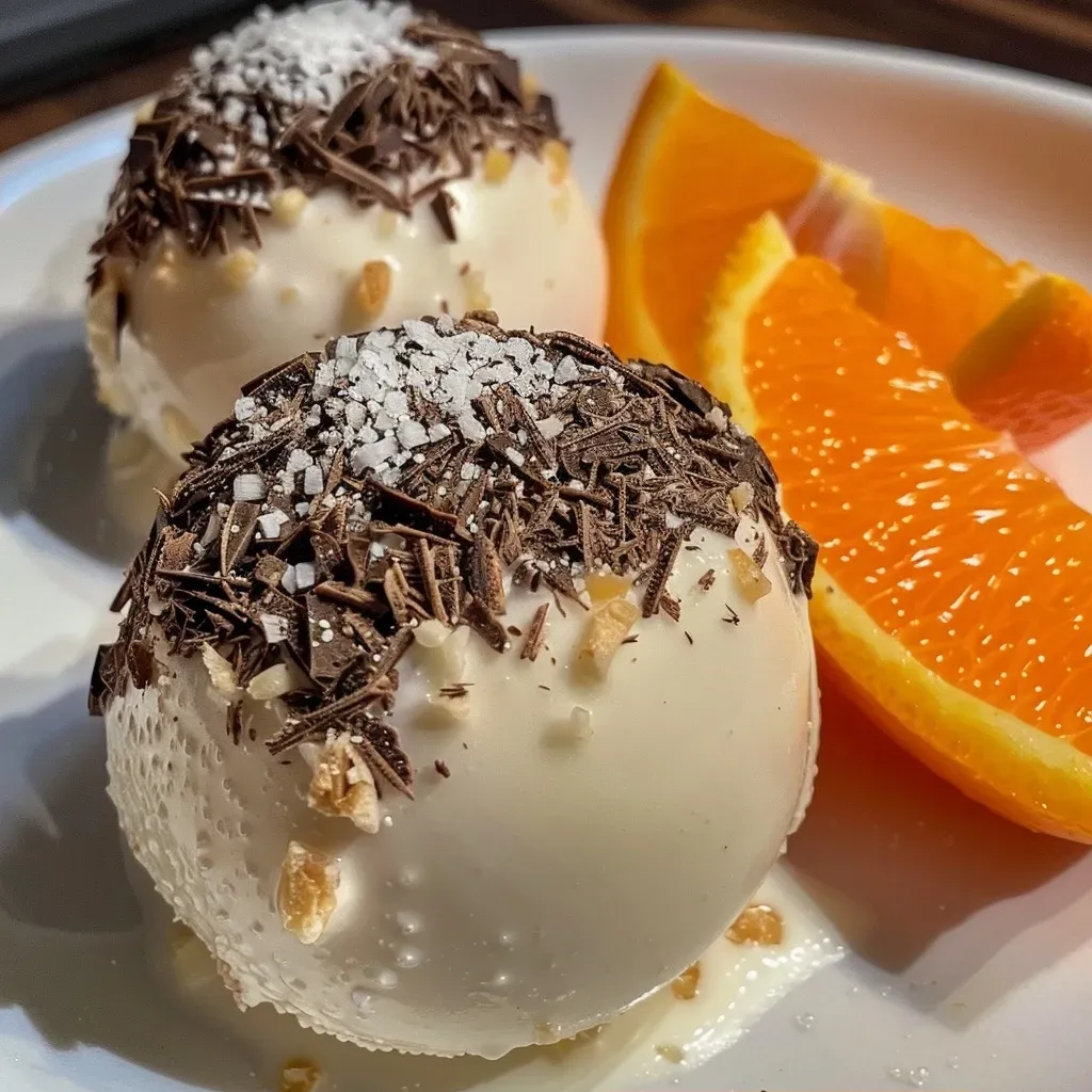 Primer plano de trufas de chocolate blanco y naranja.