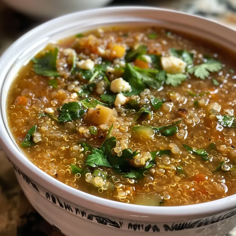 Primer plano de sopa de quinoa con espinacas y queso feta.