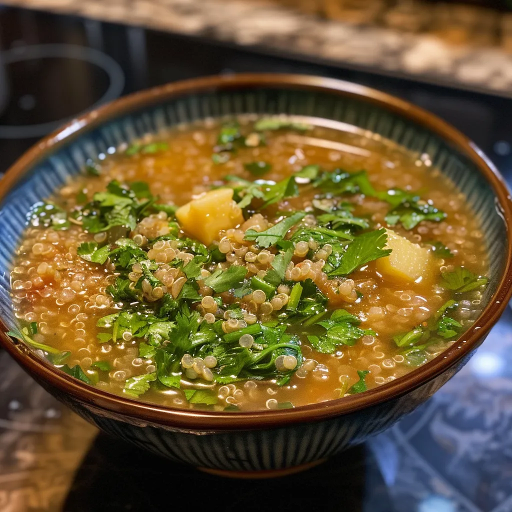 Sopa de quinoa decorada con cebollitas de cambray y espinacas.
