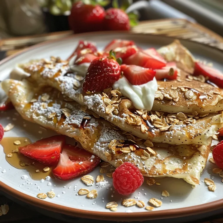 Crepas de avena con yogur griego y arándanos, vistas de lado.