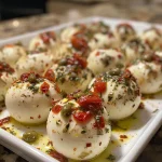 Bolas de mozzarella Ciliegine presentadas con aceite de oliva y aceitunas.