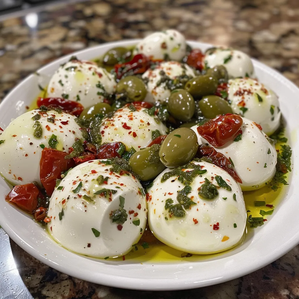 Primer plano de bolas de mozzarella en un plato, decoradas con especias.