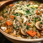 Sopa de pollo asado con fideos en un tazón.
