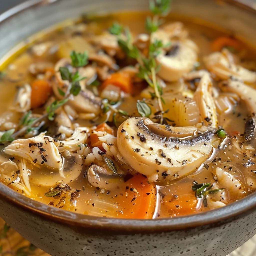 Primer plano de sopa de pollo asado con vegetales y fideos.