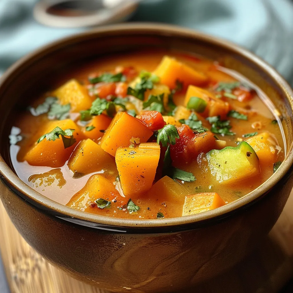 Primer plano de sopa de calabaza y jengibre en un bol.