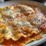 Raviolis al horno con queso, recién horneados y dorados.