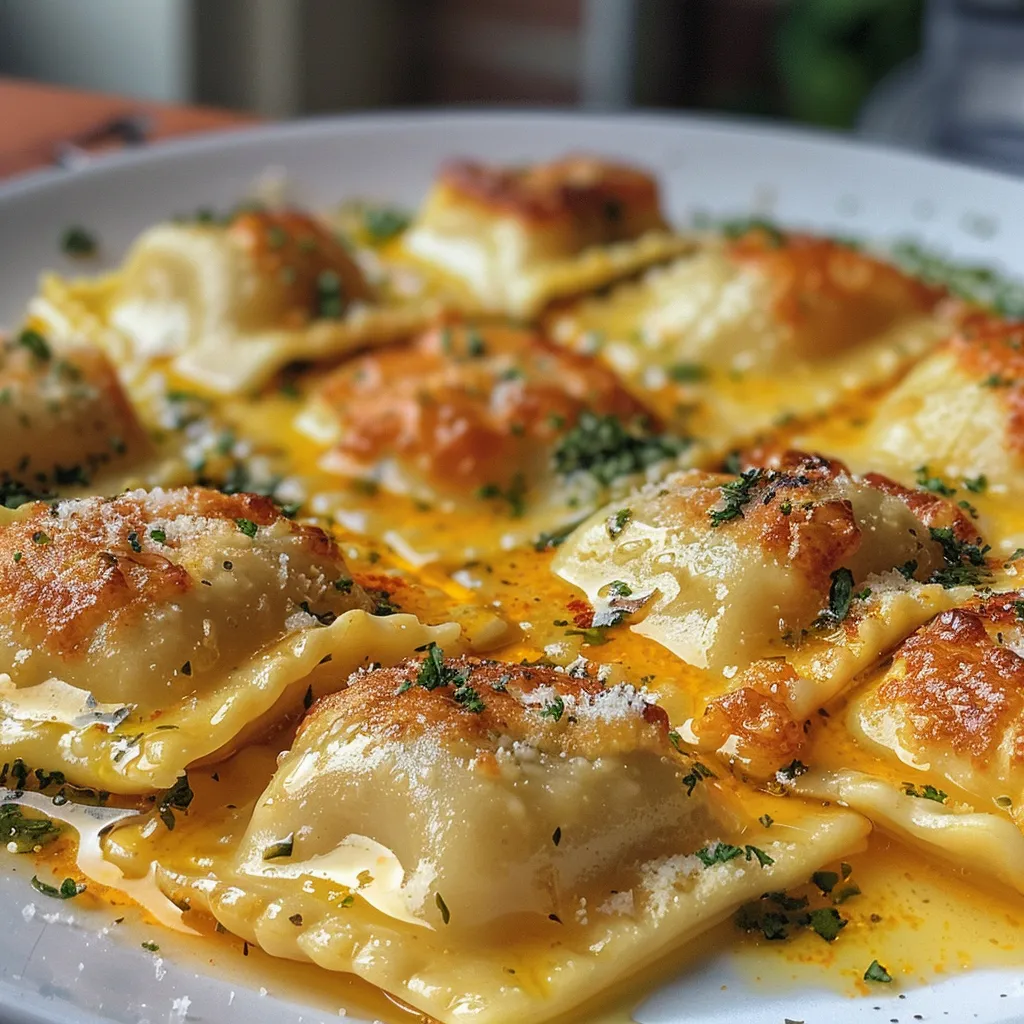 Primer plano de raviolis cubiertos de queso y salsa marinara.