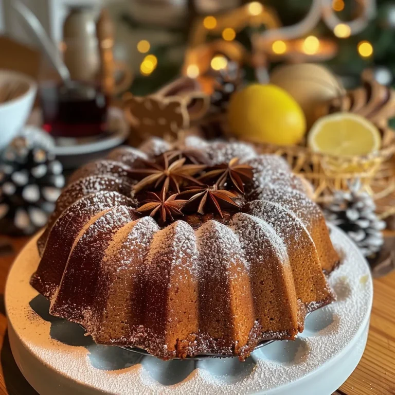 Vista lateral de un jugoso bundt cake de Glühwein.