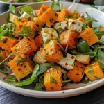 Ensalada tibia de calabaza y espinacas en un plato.
