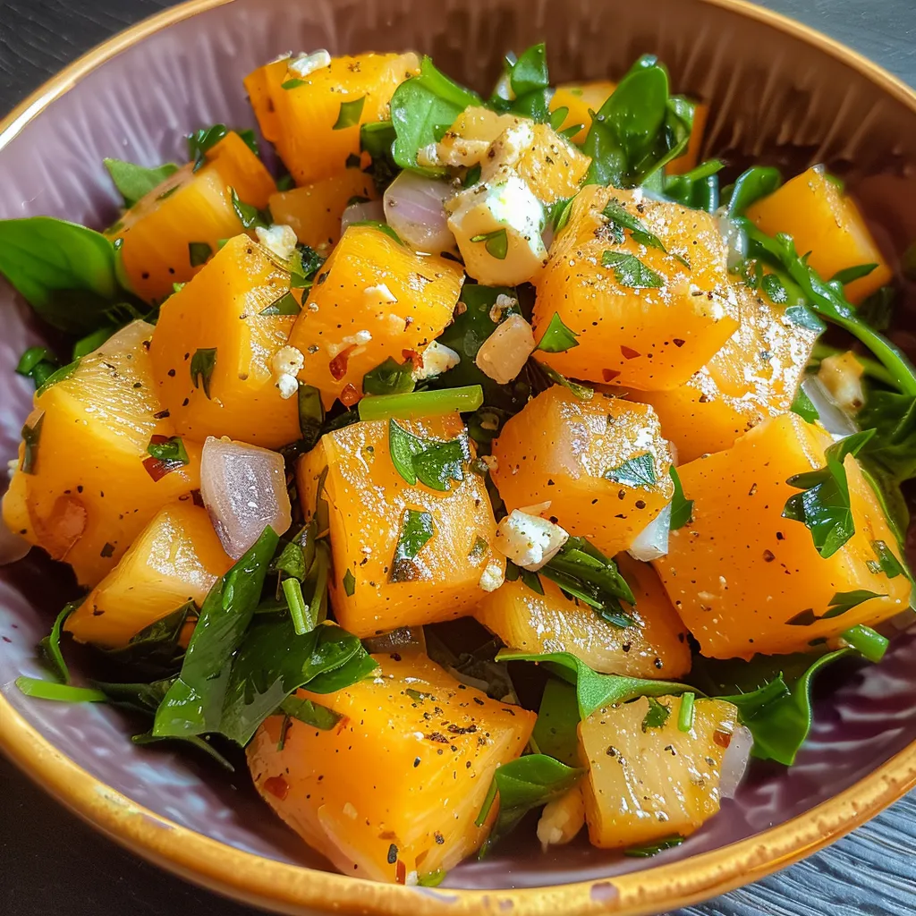 Primer plano de ensalada tibia con calabaza y espinacas.