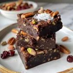 Brownies sin hornear decorados con nueces y frutas secas.
