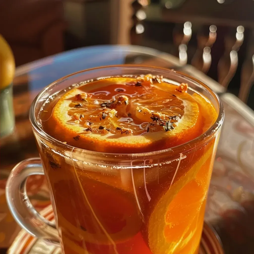 Detalle de un vaso con vino caliente y rodajas de manzana.