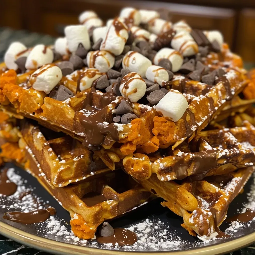 Vista lateral de waffles de batata y chocolate en un plato.
