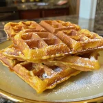 Waffles de calabaza dorados con forma de Jack-O’-Lantern.
