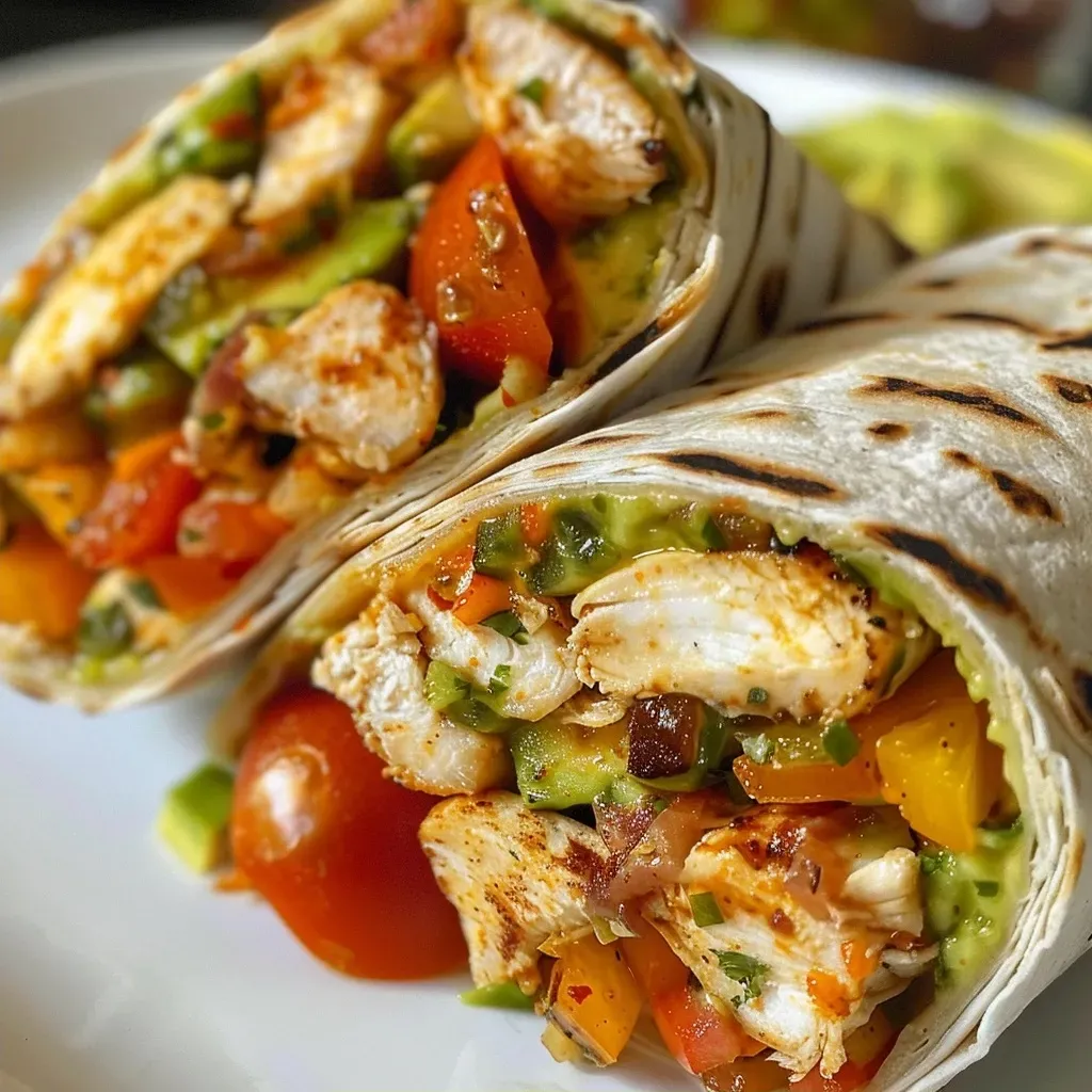 Detalle de un wrap de pollo relleno de aguacate.