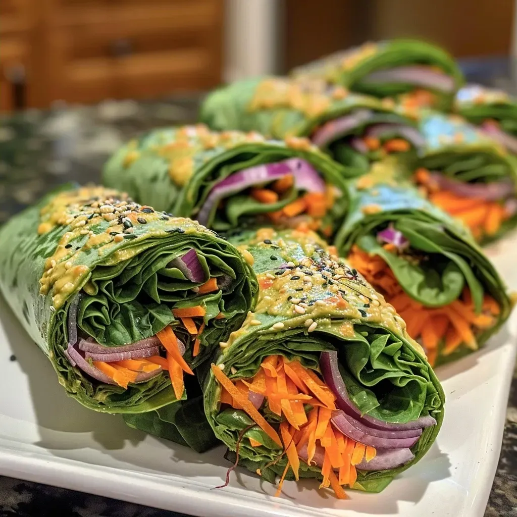Primer plano de wraps de espinaca con aguacate y zanahorias.