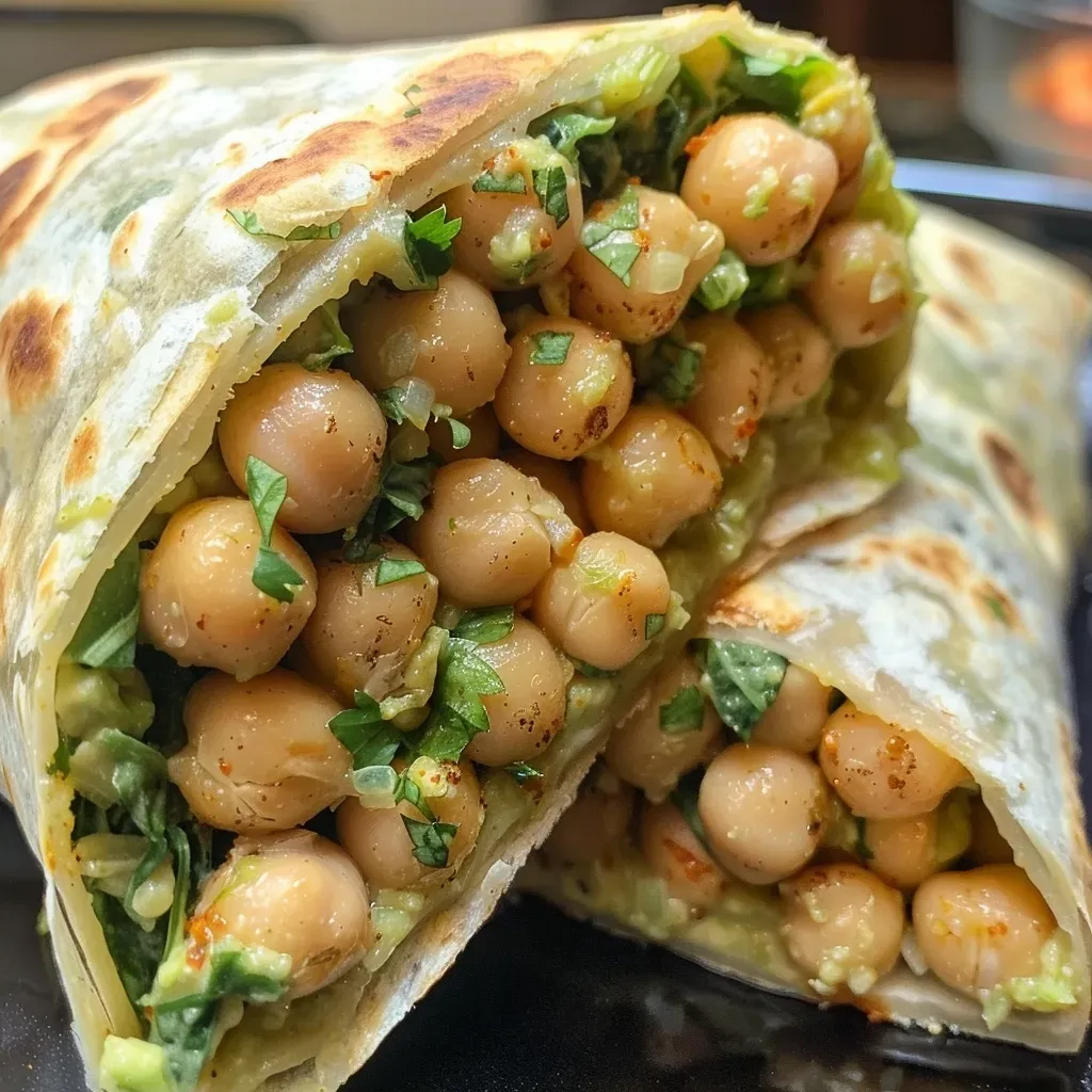 Primer plano de un wrap de garbanzos y coliflor.