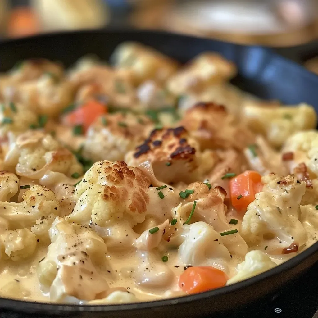 Coliflor con pechuga de pollo en salsa de nata