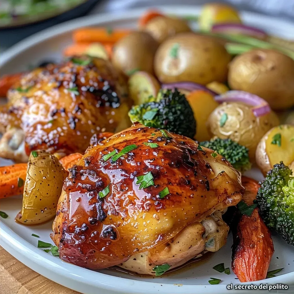 El Secreto Del Pollito Brillante Pollo Jugoso Glaseado Con Miel Mostaza Antigua Y Un Arcoíris De Verduras Asadas