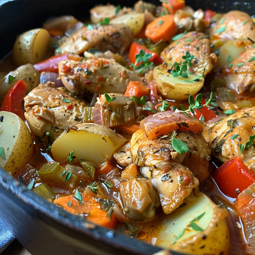 Estofado de pollo con patatas y verduras